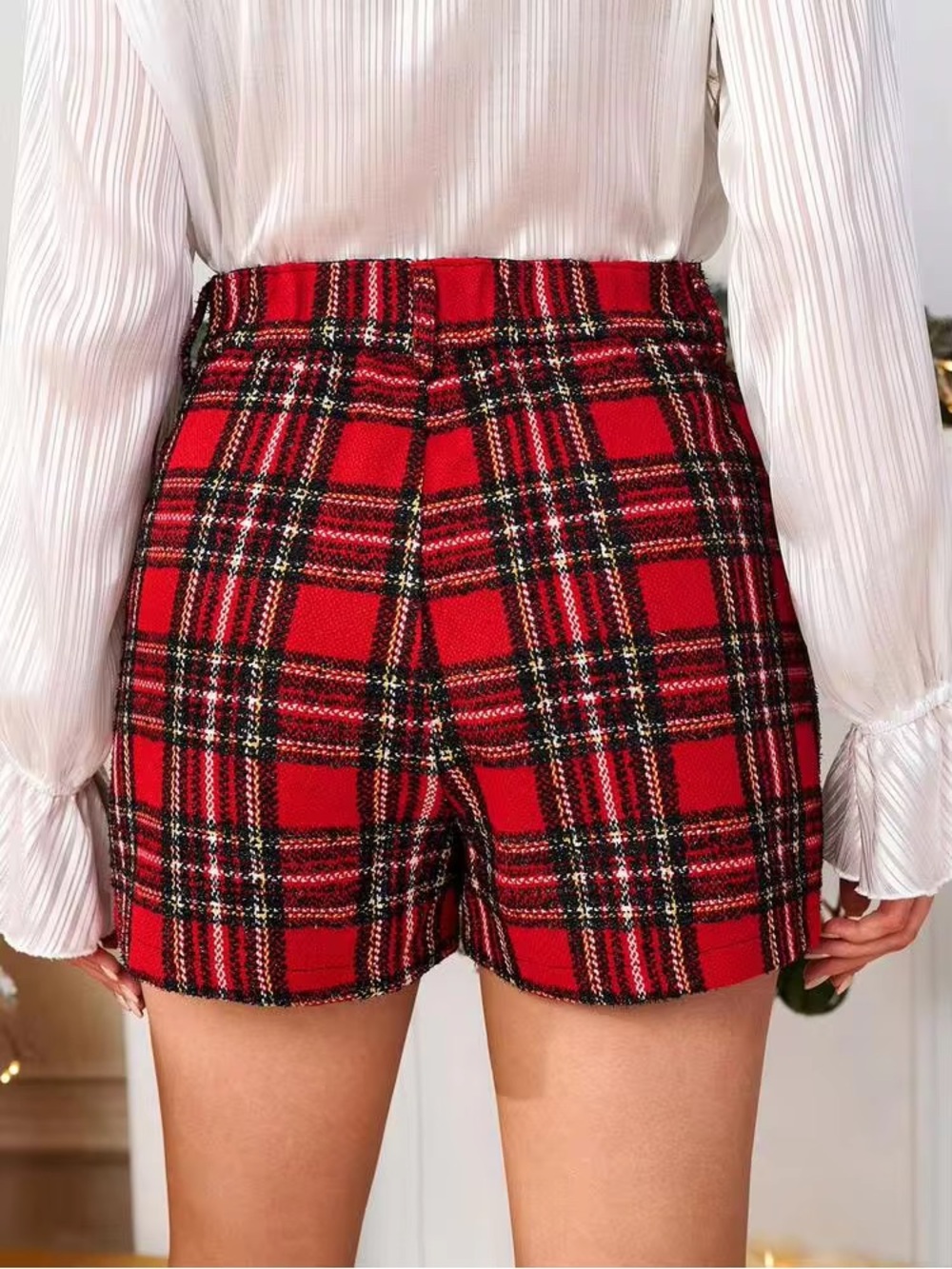 SHEIN Red Plaid Black Metallic High-Waist Shorts Size Small - Picture 6 of 9